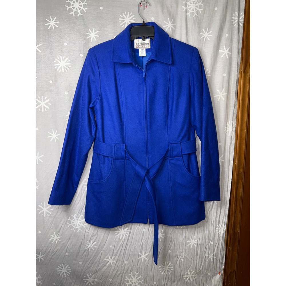 Carolina Colours Royal Blue Zip Front Belted Wool Blend Jacket Coat Women Medium